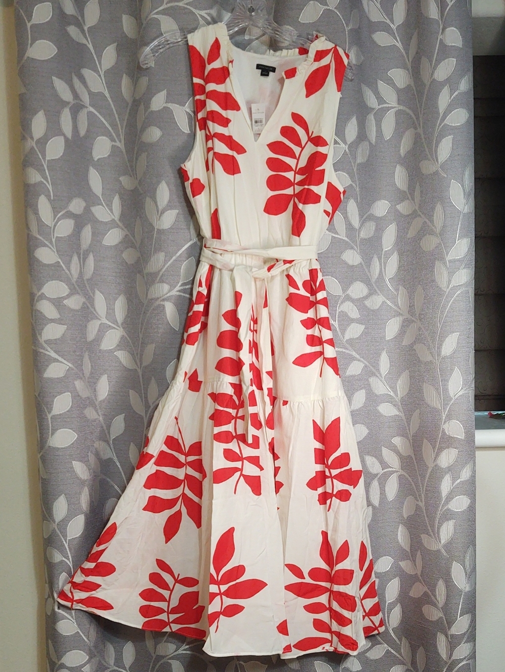 Ann Taylor White Dress with Coral Leaf Print and Waist Tie size L